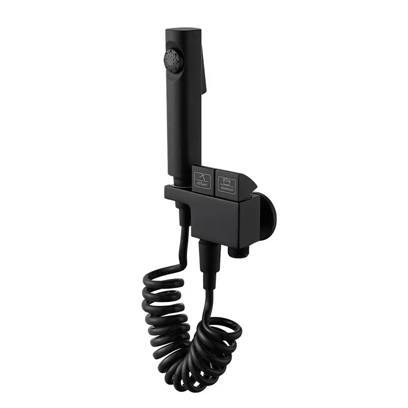 热黑色黄铜钢琴键马桶套装高级坐浴盆喷雾器一进二出G1/2角阀,带加压喷枪