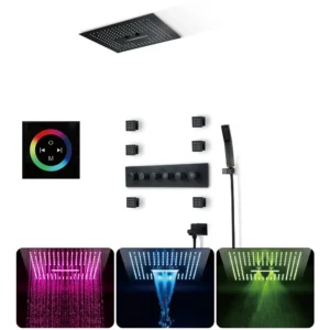 嵌入式 LED 黄铜天花板浴室瀑布雨雾淋浴恒温淋浴水龙头套装