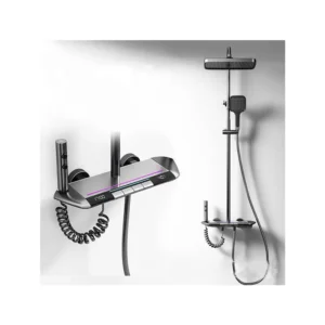 Digital display chrome-plated shower faucet with spray gun, massage shower head, soft rain shower, piano key design, single-handle ceramic polished wall-mounted bathtub aluminum