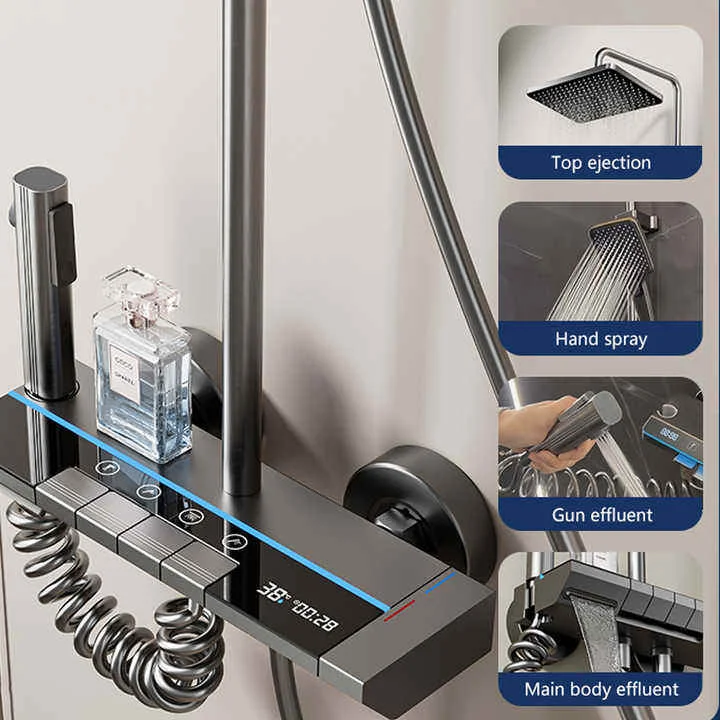 Digital Display Chrome Single-Handle Shower Valve with Handheld Spray, Massage Rain Square Shower Head for Bathroom - Image 3