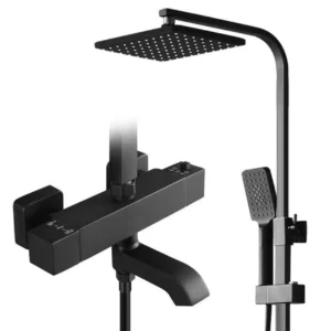 Black Smart Brass Bathtub Shower Faucet Set, Square Single/Double Handle, Thermostatic Wall-Mounted