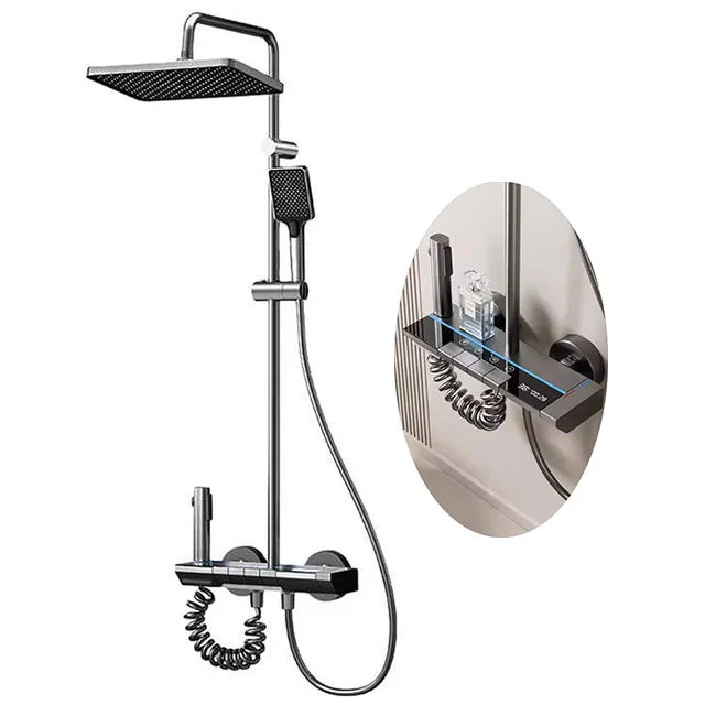 Digital Display Chrome Single-Handle Shower Valve with Handheld Spray, Massage Rain Square Shower Head for Bathroom